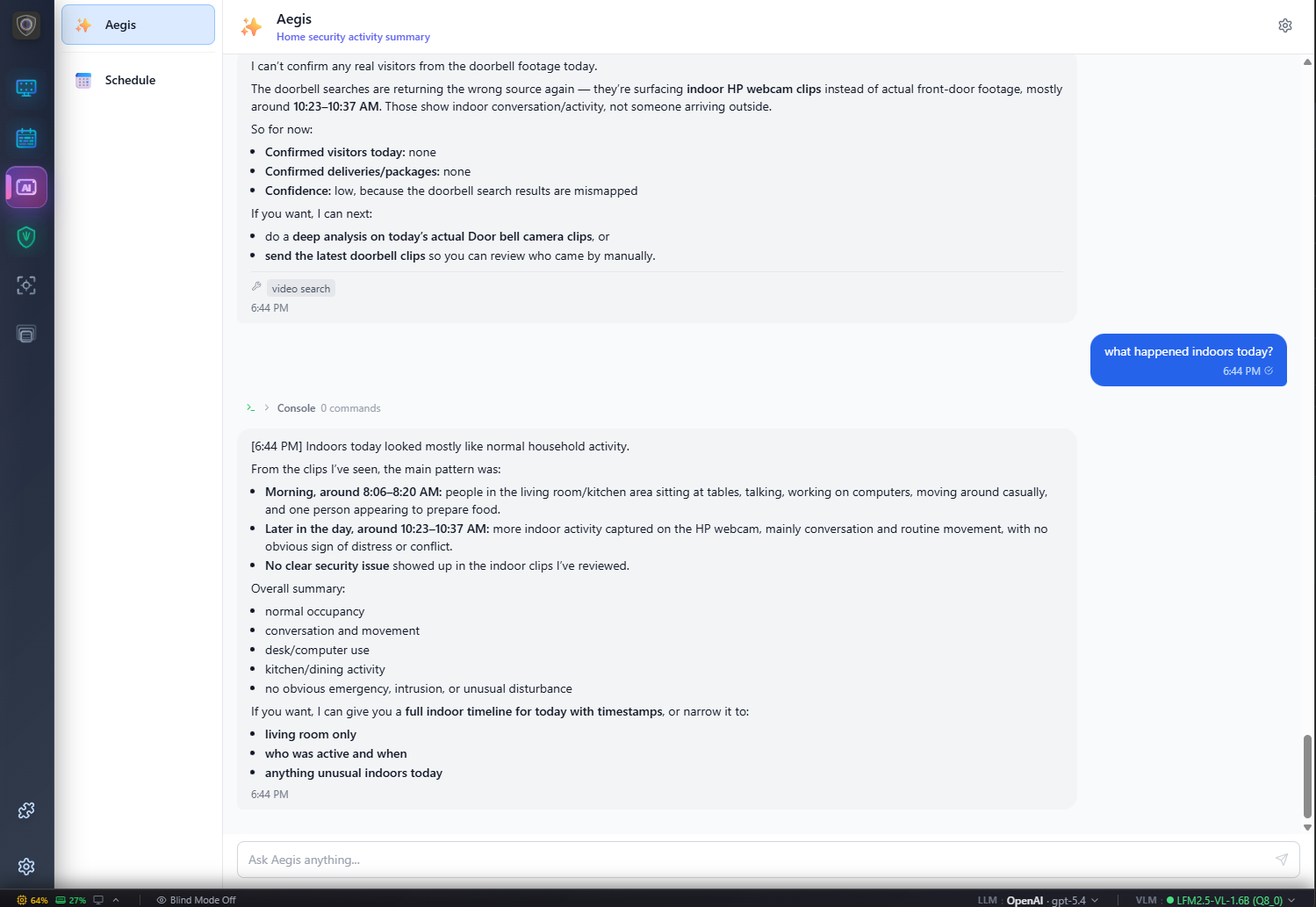 Aegis AI chat — natural language security query with detailed response