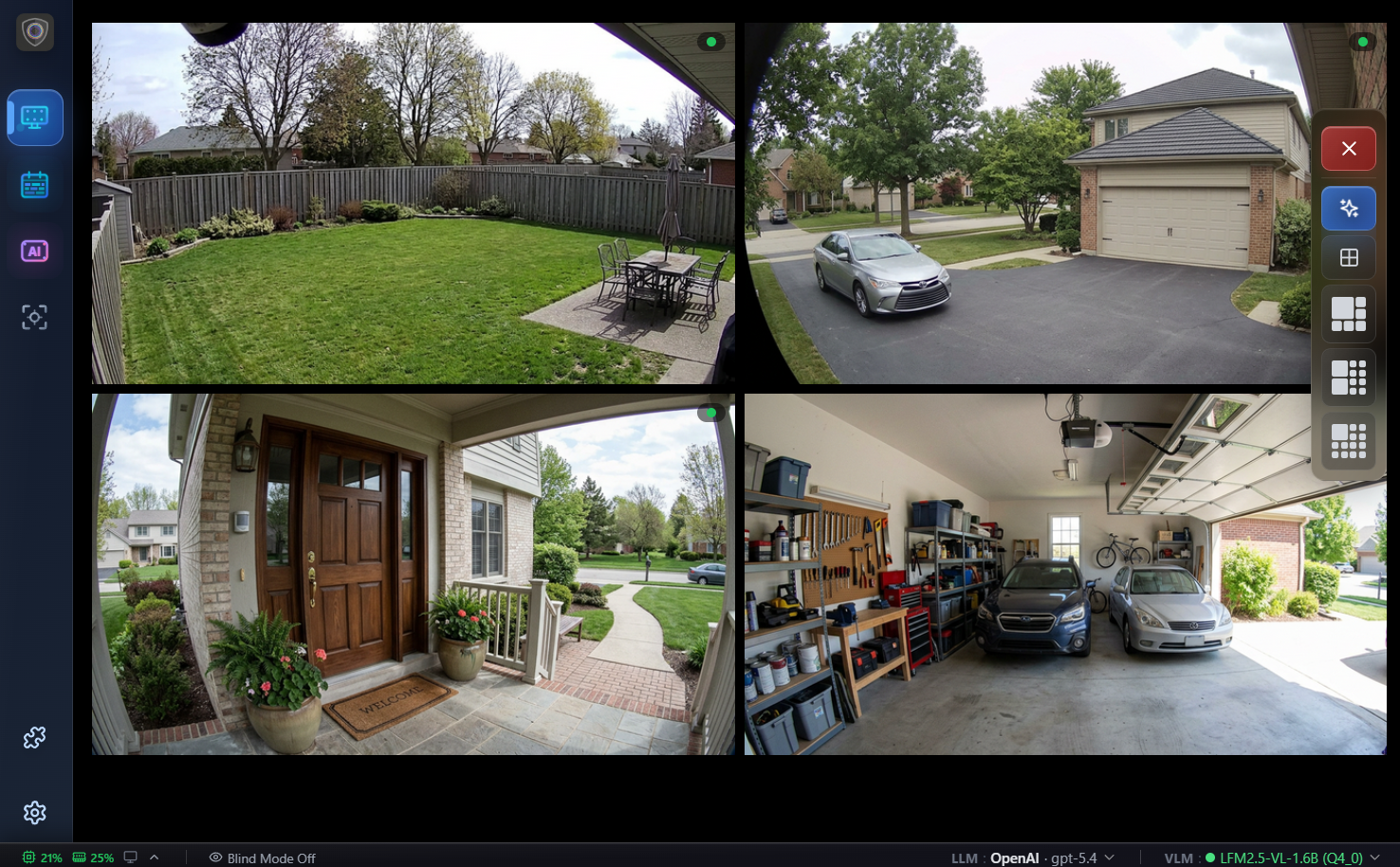 Aegis live camera grid — 4 cameras streaming simultaneously