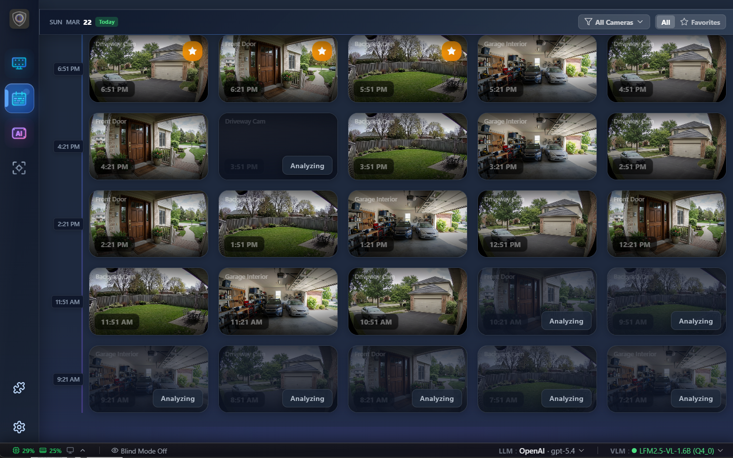 Aegis video timeline — chronological event grid with favorites